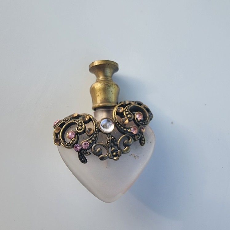 Vintage Heart Perfume Bottle Frosted Glass Brass Filigree Pink Rhinestones