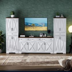 TV Cabinet Set Multifunctional TV Wall, One TV Cabinet and Two Sideboards for Living Room, White+Walnut, 113.5''L x 15''W x 68''H.