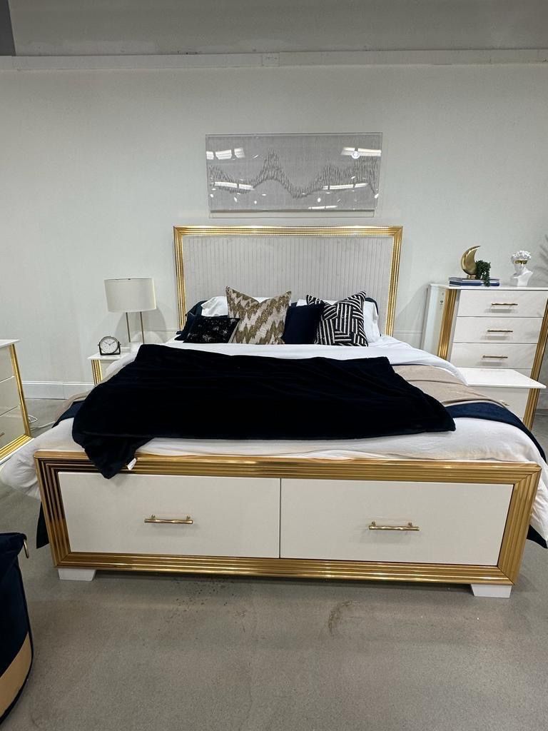 White Gold Modern Bedroom Set Furniture With LED Lights Storage Drawers King Queen Bed Dresser Mirror Nightstand 