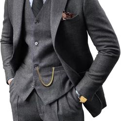 Retro 3 Piece Suit Tweed Herringbone Men's Suits Slim Fit Groom Tuxedos Set Prom Brown Grey Jacket Blazer Vest Pants