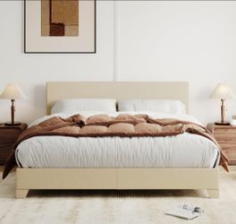 Cream Upholstered Platform Bed Frame
