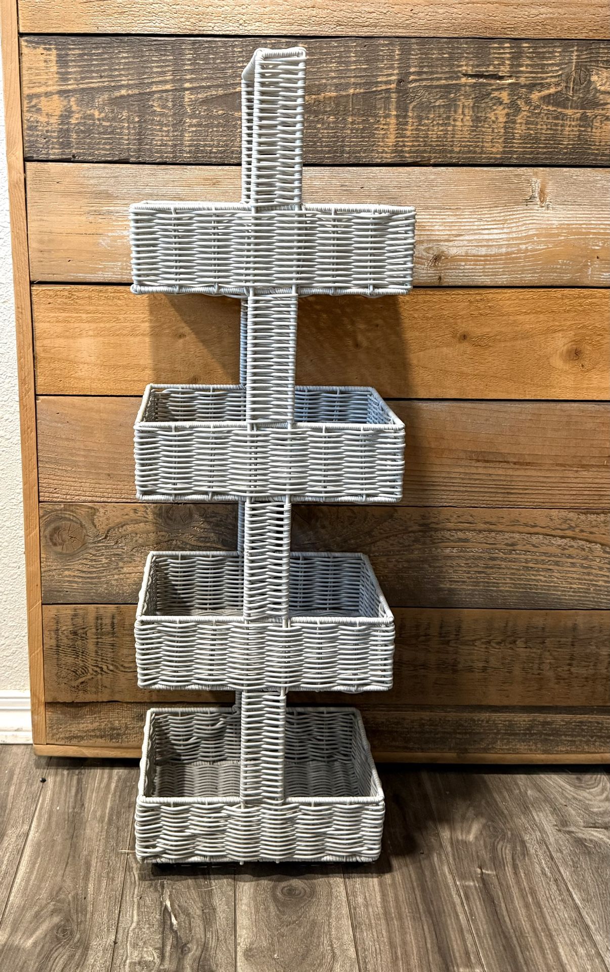 Light Grey Woven Wicker 4-Tier Basket Organizer - Great Small Space Organizer Approx 35” x 11” x 7”