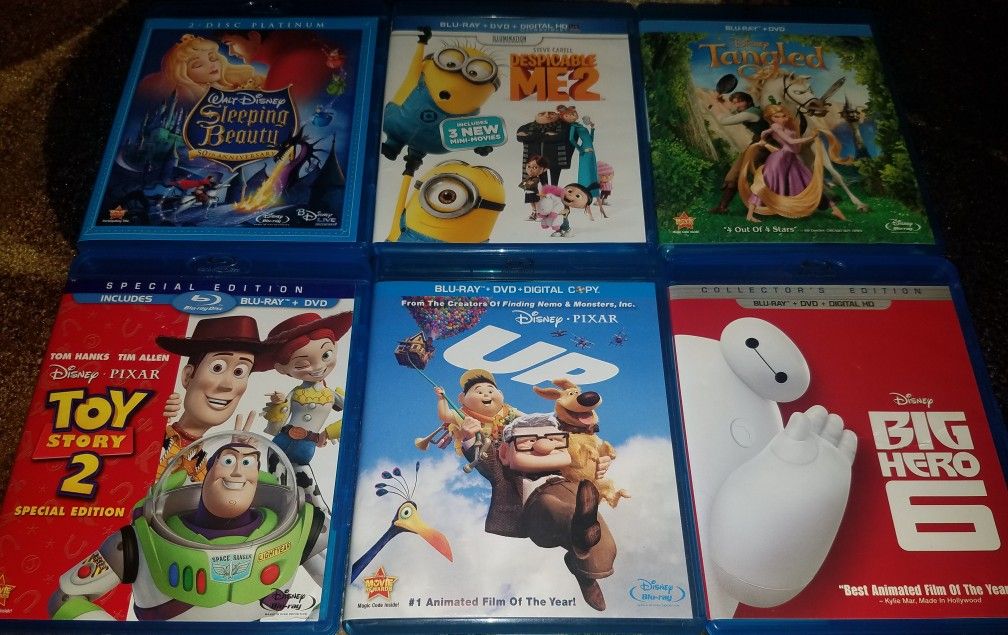 6 Disney Blu-Ray DVD Lot Sleeping Beauty Toy Story Tangled Big Hero 6 Up Minions
