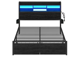 Modern Platform Full size Bed Frame with LED Bookcase Headboard and Storage Drawers