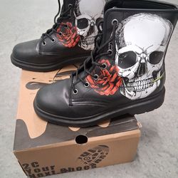 Black Leather Skull And Red Rose Combat Boots