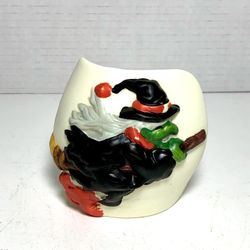 Vintage Halloween Witch Riding Broom Ceramic Candle Holder