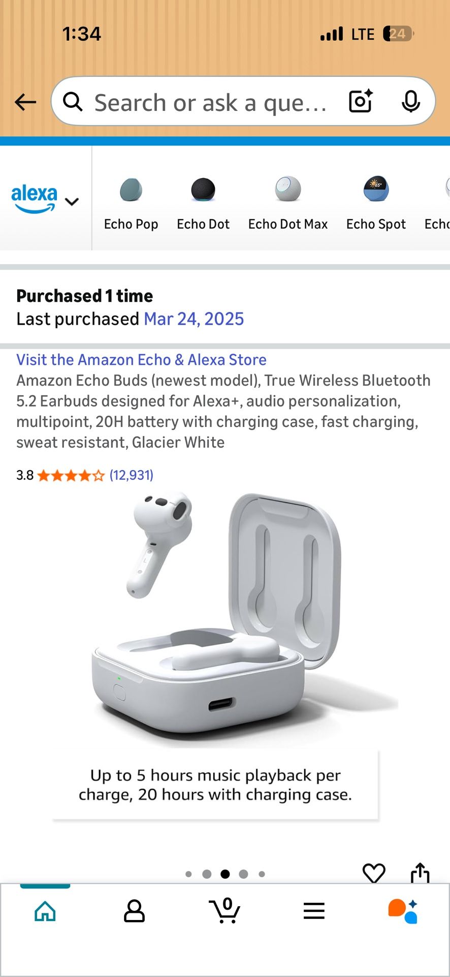 Amazon Echo Buds, True Wireless Bluetooth 5.2 Earbuds designed for Alexa+, audio personalization, multipoint, 20H battery with charging case, fast cha