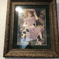 Vintage Victorian Print Of Little Girl Playing With Puppies In A Beautiful Victorian Frame , The Frame Size Is 21”x25”