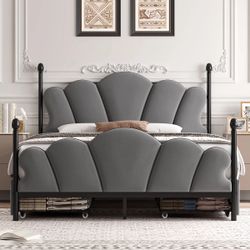 QUEEN SIZE 4 DRAWER BED FRAME, HEAVY DUTY METAL PLATFORM BED WITH ADJUSTABLE VELVET UPHOLSTERED HEAD