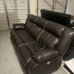 Brown Leather Couch With Electrical Reclining & Charges 