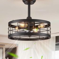 16.5 inch Black Caged Ceiling Fan with Light, Fandelier Industrial Ceiling Fan with Remote, Farmhouse Fan Lights Ceiling Fixtures for Kitchen, Bedroom