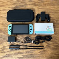 Nintendo Switch console system ANIMAL CROSSING  v2 COMPLETE plus Dock AC Charging cable, joycon controller straps, joycons grip SPECIAL EDITION Case