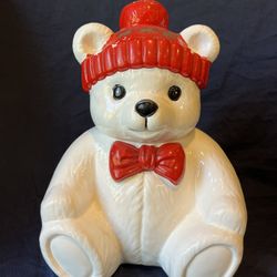 Vintage Christmas White Teddy Bear w Red Hat & Bow Tie  Cookie Jar 