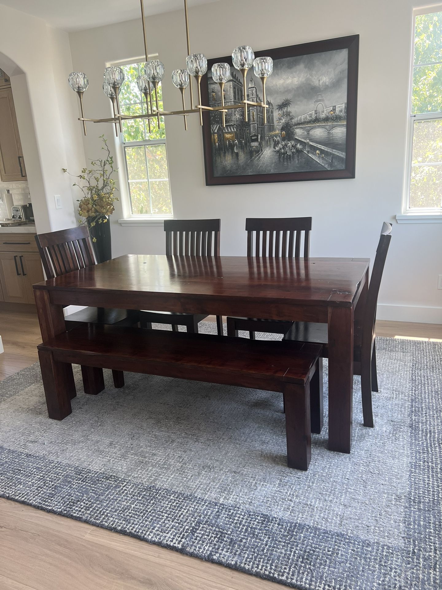 Solid wood dining table , bench and 4 chairs