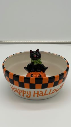 Halloween Ceramic Bowl with Cat and Pumpkin Figure