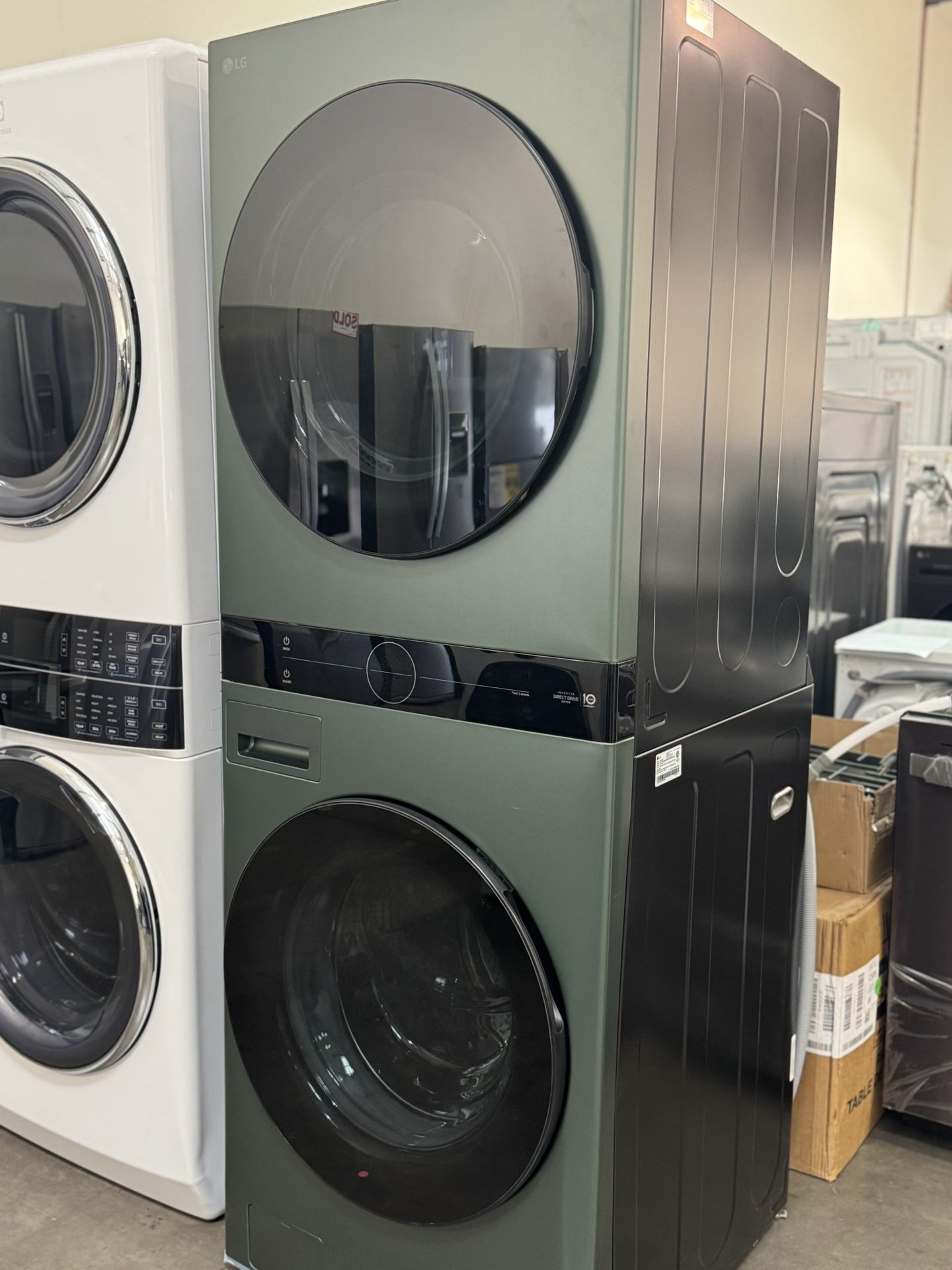 LG WashTower Stacked Smart Laundry Center Front Load Washer And Electric Dryer In Nature Green