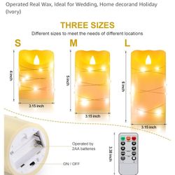 Flameless Flickering Candle, Pillar Candle,with Embedded String Lights,3 Pack LED Romantic Candle with Remote Control, Battery Operated Real Wax, Idea