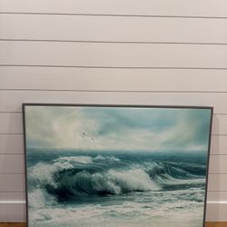 Large Ocean Wave Wall Art – Framed Coastal Painting (OBO)