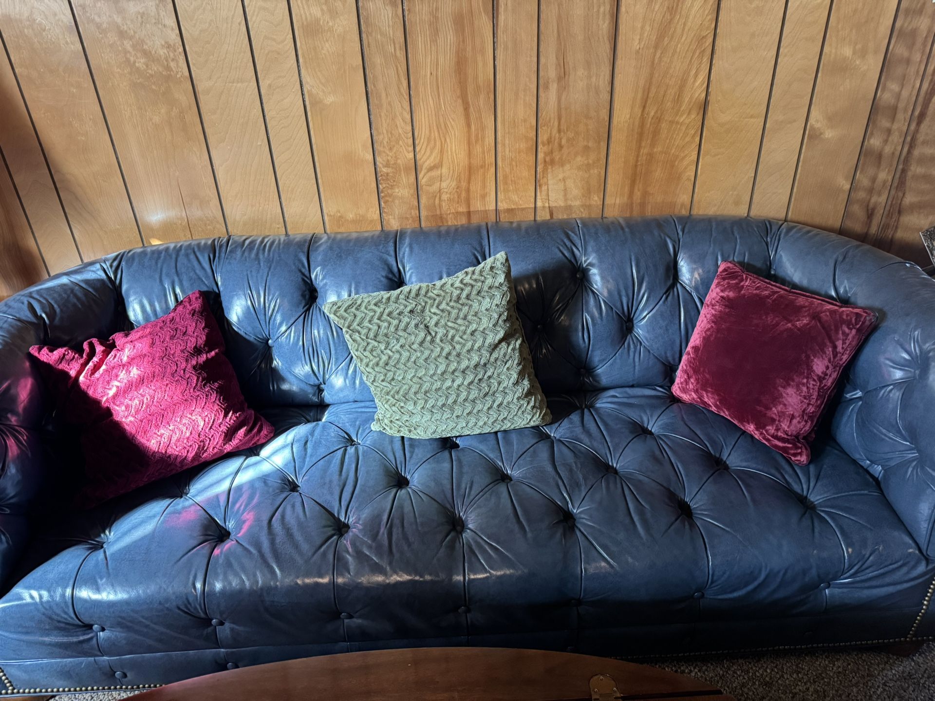 3 Piece Blue Tufted Leather Couch w/ 2 Chairs