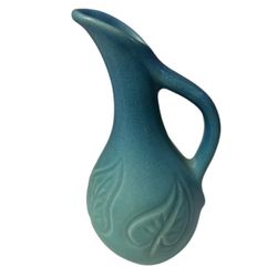 VAN BRIGGLE Turquoise Early 19th Century Ewer Pitcher Leaf Detail Hand Carved 7”