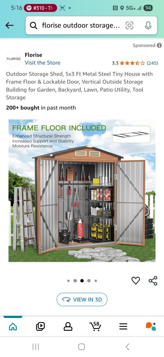 Brand New In Box Galvanized Steel Outdoor Shed 5x3 With Base !