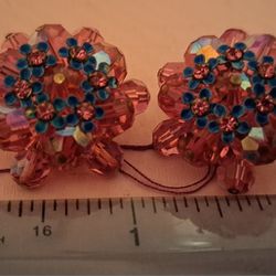 Vintage Pink Rhinestones w/blue Enamel Flowers w/tiny stones. Clip-on Earrings