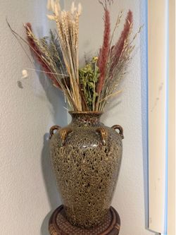Vintage Boho Rattan Stand & Large Glazed Ceramic Urn Vase (with Dried Florals!)