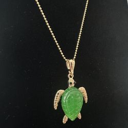 14K Gold Over 925 Turtle Pendant with Simulated Green Jade + 20” Chain
