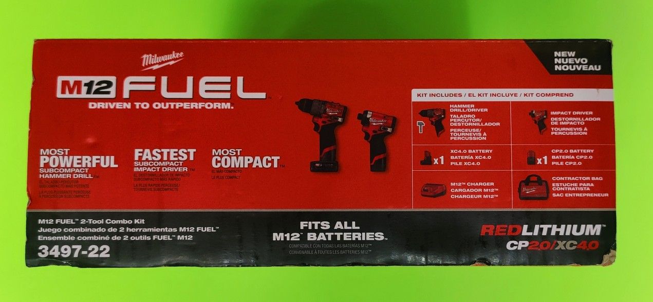 NEW Milwaukee Drill and Impact Driver 3497-22 M12 FUEL Cordless Combo Kit w/ Bag and 2 Batteries