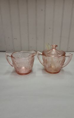 1(contact info removed) Jeantte Glass Co Cherry Blossom Creamer & Sugar W/ Lid- Located in Shelton