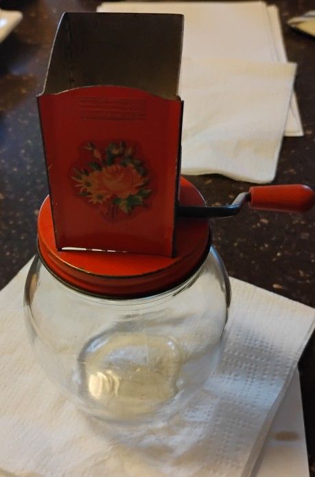 VINTAGE NUT GRINDER GLASS w RED METAL TOP & DECAL