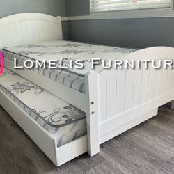 TWIn twin white wooden trundle bed with orthopdeic mattresses 
