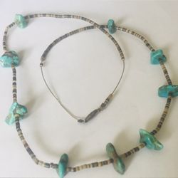 Antique   Indian   Nugget  Toquoise & Bead Necklace  13 inches 