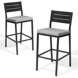 New Set of 2 Outdoor Patio Metal Bar Stools with Light Grey Cushions