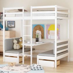 Wood Twin Size Bunk Bed with Desk Underneath and Chair Loft Bed 