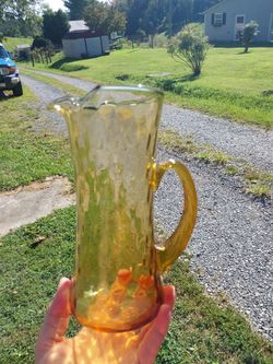 Vintage Amber Glass Pitcher Inverted Thumbprint Applied Handle