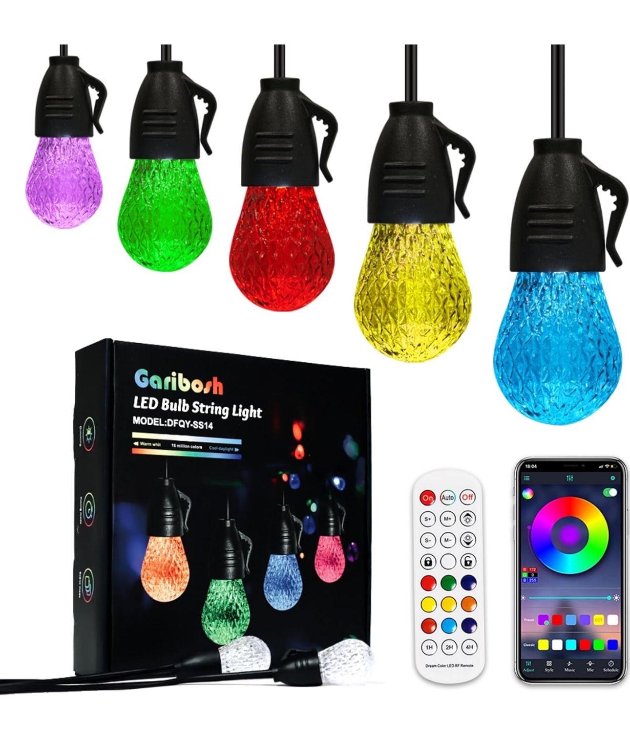 Smart Outdoor String Lights 49ft Color Changing RGB Dimmable Patio String Light