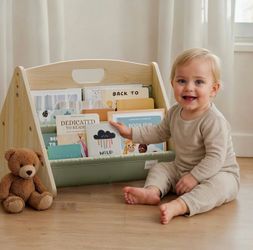 Decorative Wooden Bookshelf with Handle for Kids Rooms - Keeps Books Neatly Organized & Within Reach for Toddlers - Easy Install Montessori Book Shelf