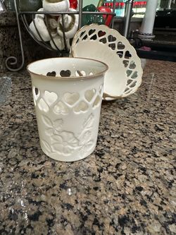 Porcelain Lenox Heart Cutout Vase and Dish Set