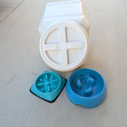 Dog Food Container And Two Slow Feed Doug Food Bowls