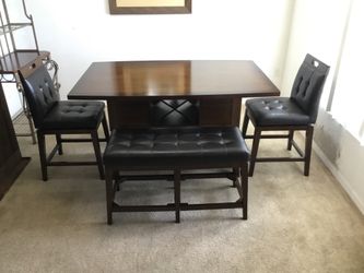 High Top Pub Dining Room Table with 2 Benches and 2 Barstools