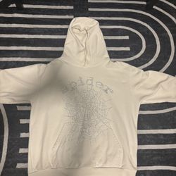 sp5der White Rhinestone Web Graphic Fleece Hoodie Size L