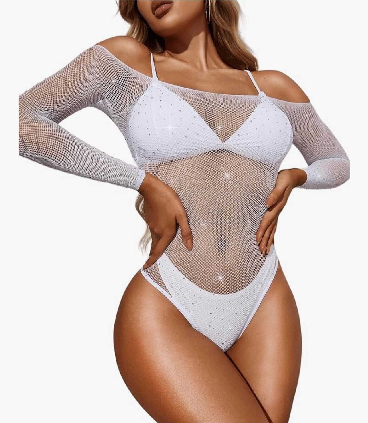 White Women Sexy Mesh Bodysuit Fishnet Sparkle Rhinestone Teddy Lingerie Halloween Rave Sheer Outfit