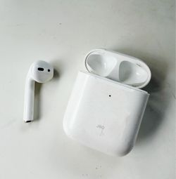 Apple headphones, charging case and headphones on the left ear