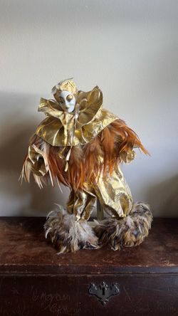 Venetian Jester Porcelain Face Doll with Feathers