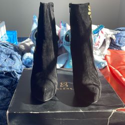 Black & Gold Embroidered High-Heel Boots