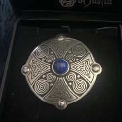 Celtic Pewter Broche With Blue Stone 