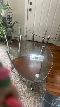 Coffee table set with two end tables, glass and wood