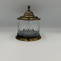 Vintage Glass & Brass Jar Vanity Box Jewelry Box Ornate Filigree Mid Century