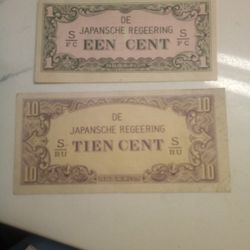 Two Japanese Cent Bills 1 EEN Cent And One TIEN CENT